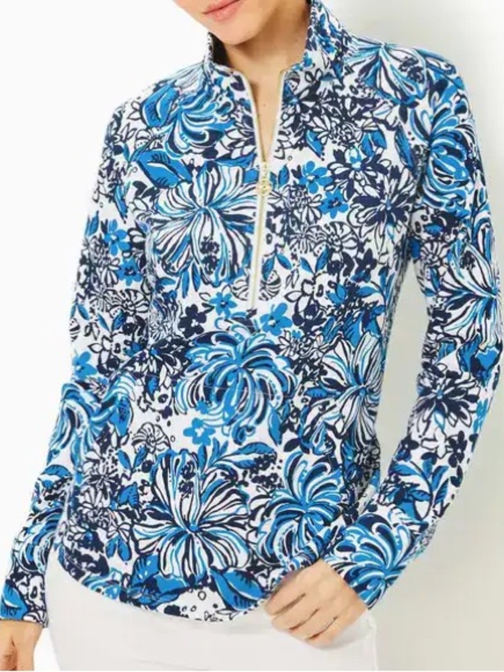Lilly Pulitzer Blue & White Floral Zip-Front Long Sleeve Top